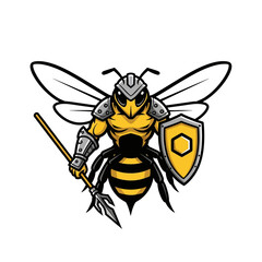 A cartoon bee warrior stands ready for battle, complete with a helmet, shield, spear, and armor, all set against a clean white background.
