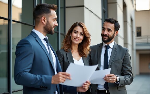 Colleagues company employees talking and discussing business plans outside office building, diverse business team men and women discussing financial reports and contract documents on stairs