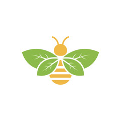 An artistic representation of a bee with wings formed by green leaves, conveying a nature-friendly and eco-conscious concept, suitable for organic products.