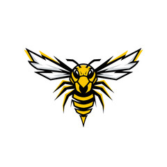 A stylized vector illustration of a yellow and black wasp with wings spread, ideal for sports team logos, branding, or graphic design projects.