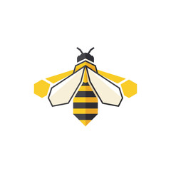 A stylized bee illustration with geometric shapes and a bright yellow and black color scheme, perfect for logos, icons, or design elements on a white background.