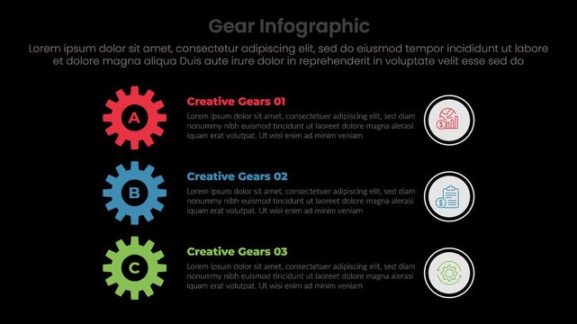 Gear shape infographic 3 point stage template with vertical stacked list slide from left to right video animation or animated motion