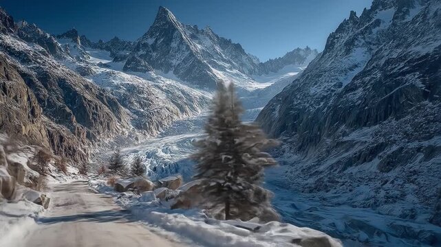 Snow covered mountains and valley landscape under clear blue sky - Powered by Adobe