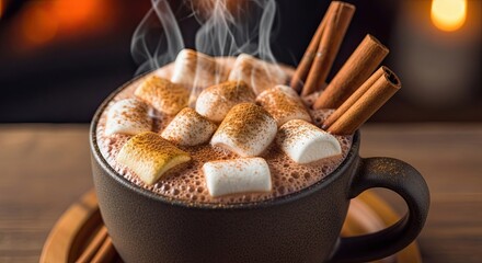 Cozy Hot Chocolate with Marshmallows and Cinnamon Sticks by the Fireplace