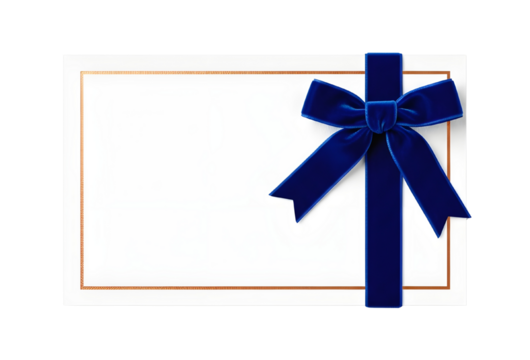 Luxury blank template with royal blue velvet bow for gift cards and invitations isolated PNG with Transparent Background