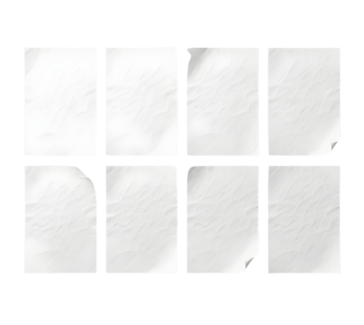 Collection of eight wrinkled white paper sheets texture backgrounds and design elements isolated PNG with Transparent Background