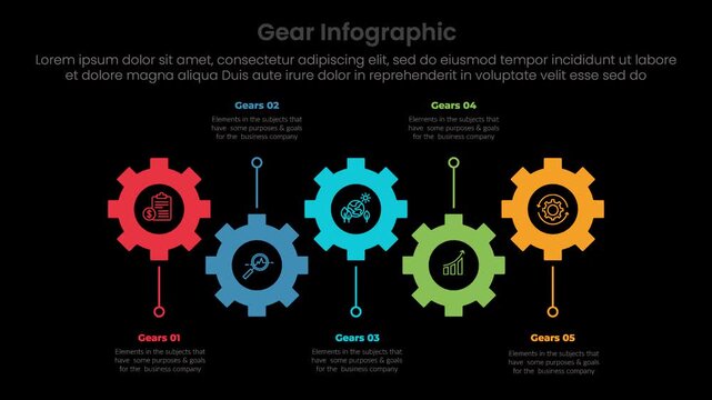 Gear shape infographic 5 point stage template with small gear move up and down connection with pointer move video animation or animated motion