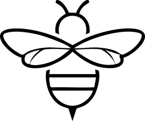 A minimalist black and white line drawing of a bee with stylized wings and body, perfect for logos or icons related to nature or honey products.