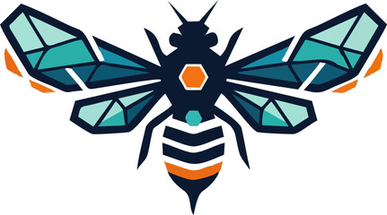 An abstract illustration of a bee, featuring geometric shapes in shades of blue, black, and orange, set against a clean white backdrop to enhance visibility.