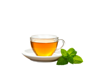 A translucent glass teacup with tea sits atop a saucer. Fresh mint sprigs nestle alongside the cup against a black background