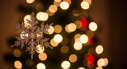 Close up of a sparkly snowflake ornament hanging on a Christmas tree with blurred lights