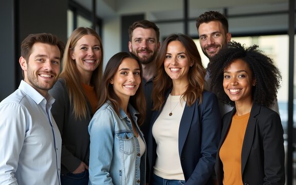 Businesspeople, team or group of young professionals, staff or interns in unity at office. Portrait of diverse company employees, colleagues and coworkers of b2b advertising and marketing agency