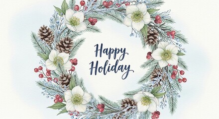 Happy Holiday Floral Winter Wreath Festive Celebration