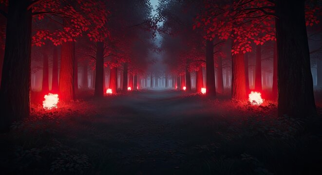Eerie Red Forest Path Illuminated by Mysterious Glowing Orbs