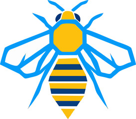 A vibrant illustration showcases a stylized bee with a striking combination of blue and yellow geometric shapes, perfect for design.