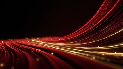 Abstract Red and Gold Waves with Glowing Particles on Black Background