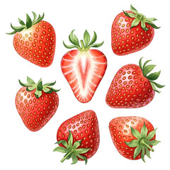 Watercolor set of fresh red strawberries, whole and halved, for food and recipe designs isolated PNG with Transparent Background