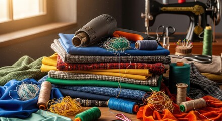 Artisan workspace displaying a vintage sewing machine and colorful fabric stacks