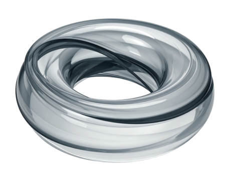 A translucent, swirling, toroidal shape with a glossy, glass-like appearance, set against a black background, with light reflections