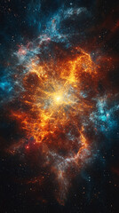 Naklejka premium A vibrant particle nebula interwoven with digital overlays, combining cosmic energy and futuristic circuitry in a luminous