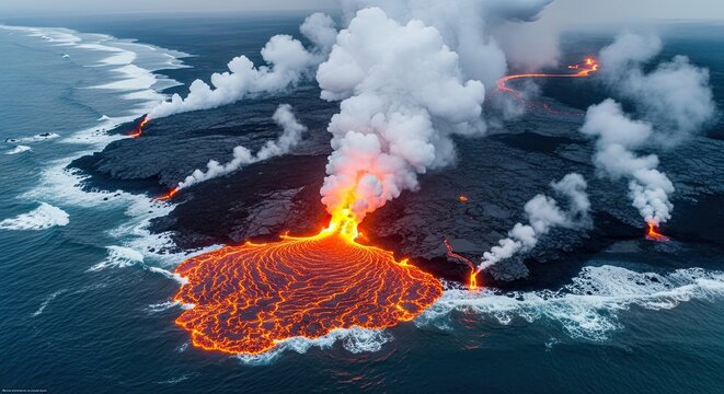 Volcano Lava Flow Meets Ocean Creating Steam and Smoke - Powered by Adobe