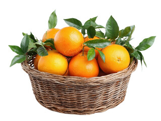 Fresh oranges in a woven basket.