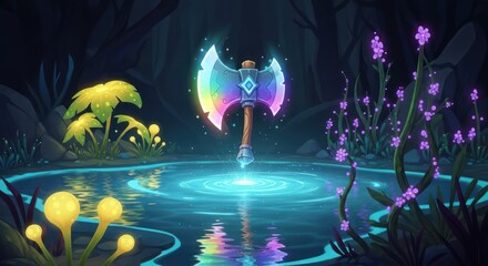 Fototapeta premium Enchanted Rainbow Axe: A Magical Artifact in a Mystical Forest Oasis Illustration