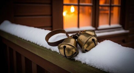 Winter Sleigh Bells Resting on Snowy Porch Railing Warm Glow Emanates from Window