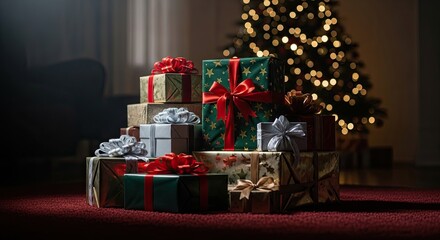 Beautifully Wrapped Holiday Gifts Stacked Beneath a Christmas Tree