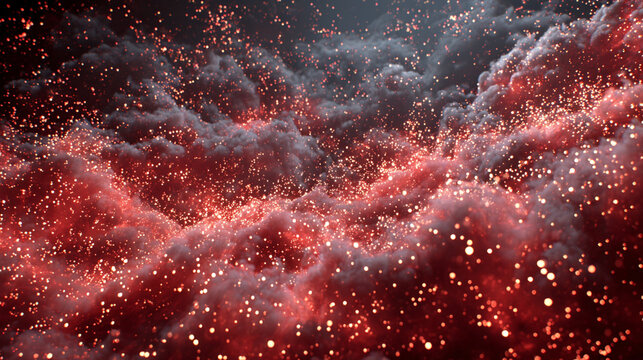 A vibrant particle nebula interwoven with digital overlays, combining cosmic energy and futuristic circuitry in a luminous