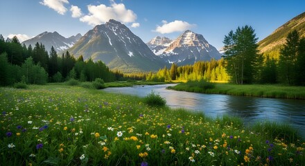mountain landscape with lake and mountains