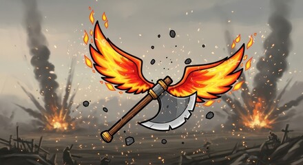 Fiery Winged Axe amidst a War-Torn Landscape with Explosions and Debris