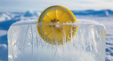 Frozen refreshment a captivating contrast of citrus fruit encased in glacial ice block