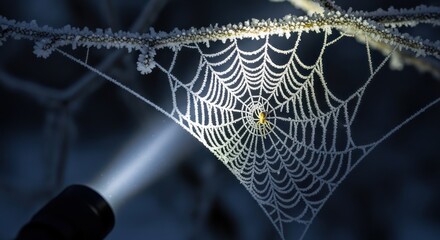 Frozen spiderweb illuminated by flashlight reveals nature's intricate artistry displayed on icy