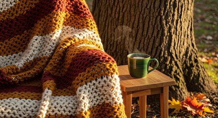 Cozy Autumn Scene With Warm Drink and Blanket Outdoors