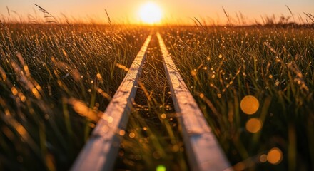 Golden sunrise illuminating a path through a tranquil field of tall grass perspective