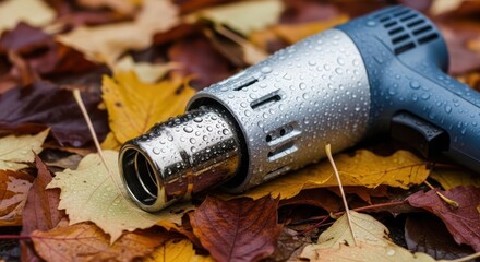 Heat gun resting amidst fallen autumn leaves captured after a light rainfall