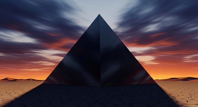 Mysterious Black Pyramid Stands Against Fiery Sunset Sky
