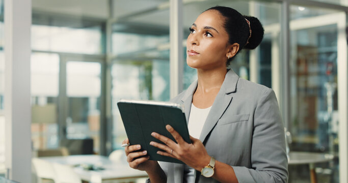 Planning, tablet and thinking with business woman in office for planning, problem solving or research. App, ideas and vision with corporate employee in workplace for company agenda or management