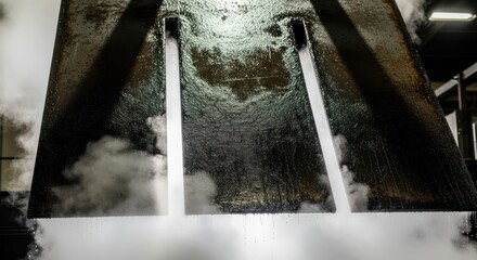 Industrial cooling system releasing steam creating a mysterious atmosphere showcasing technology