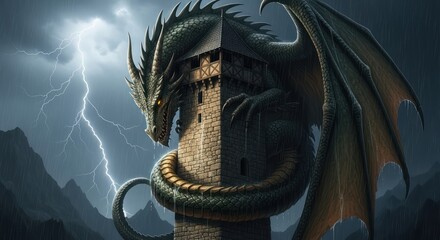 Majestic dragon guarding a medieval tower amidst a stormy landscape with lightning