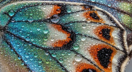 Mesmerizing close-up of a butterfly wing adorned with glistening water droplets, reflecting
