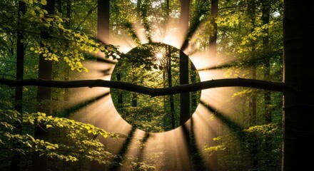 Mystical forest portal illuminated by sunbeams creating a circular illusion revealing verdant