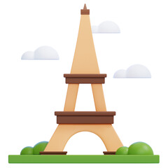 PNG 3D Eiffel Tower Landmark with Clouds and Greenery Illustration Isolated on a White Background
