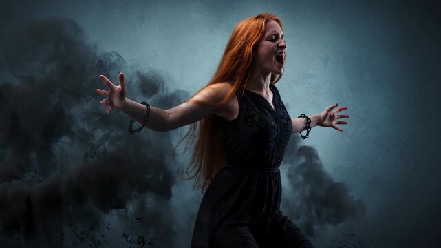 Woman breaking free from dark chains representing mental illness and depression. Psychological struggle and freedom concept footage.