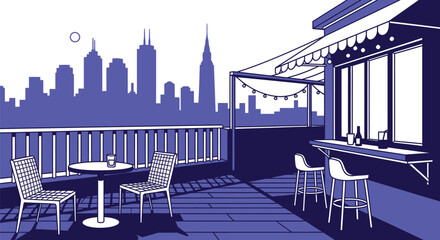 Rooftop bar illustration with city view and modern style seating