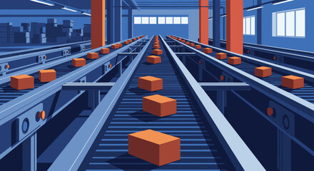 Illustration shows orange packages moving efficiently on parallel conveyor belts inside an automated factory, symbolizing modern logistics, manufacturing, and global distribution.