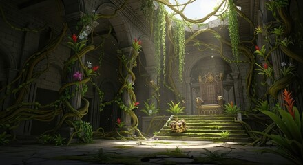 Ruined temple throne room overgrown with exotic flora in a forgotten jungle kingdom
