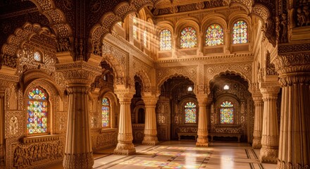 Spectacular Interior Design of Royal Indian Architecture Featuring Stained Glass and Intricate