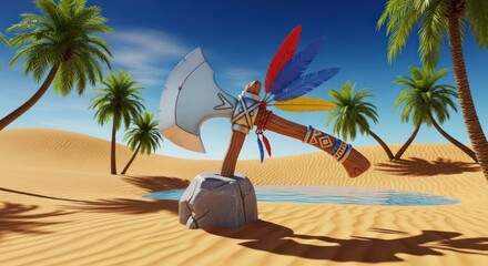 Stylized tomahawk axe in desert setting showcasing adventure and fantasy themes